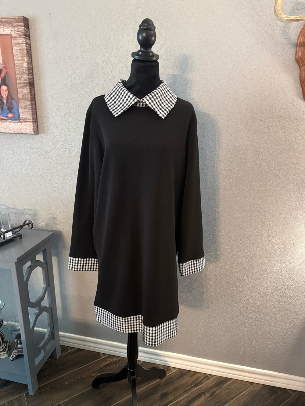Amazon Black Long Sleeve Dress with Black & White Gingham Trim